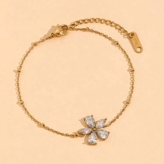 Zella Bracelet close-up – pear-cut crystal flower on beaded gold chain by Glitze Accessories