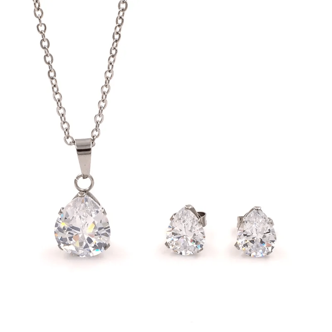 Tear Drop Necklace Set Silver in stainless steel by Glitze Accessories — elegant silver necklace set for everyday wear