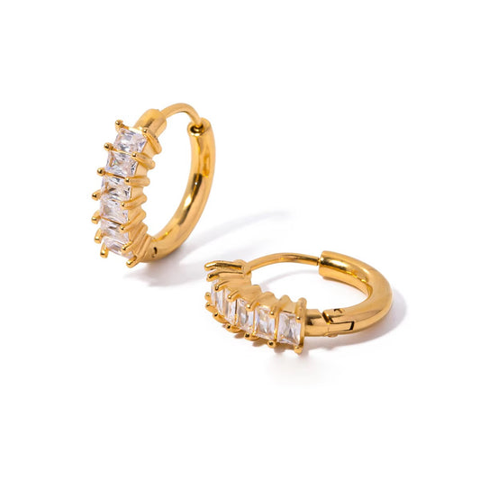 Matrix Earrings — baguette crystal gold huggie hoops, 18K gold plated stainless steel | Glitze