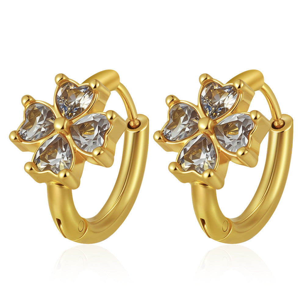 Blossom Earrings — heart crystal flower gold huggie hoops, 18K gold plated stainless steel | Glitze