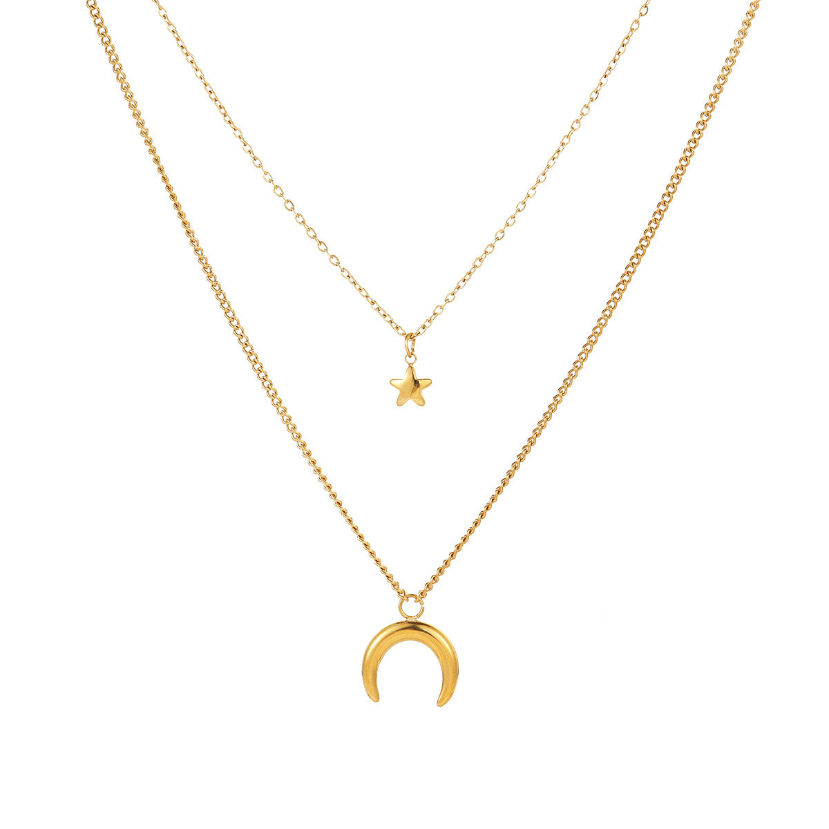 Moon Necklace — layered star and crescent moon necklace, 18K gold plated stainless steel | Glitze