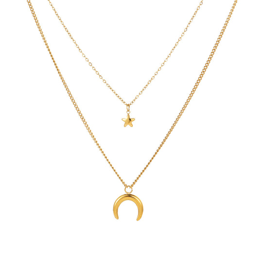 Moon Necklace — layered star and crescent moon necklace, 18K gold plated stainless steel | Glitze