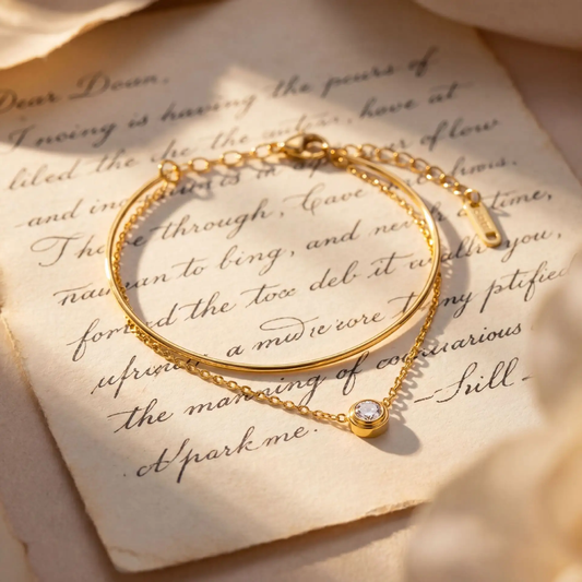 Breeza Bracelet, double-layer gold bar and chain bracelet with a solitaire crystal