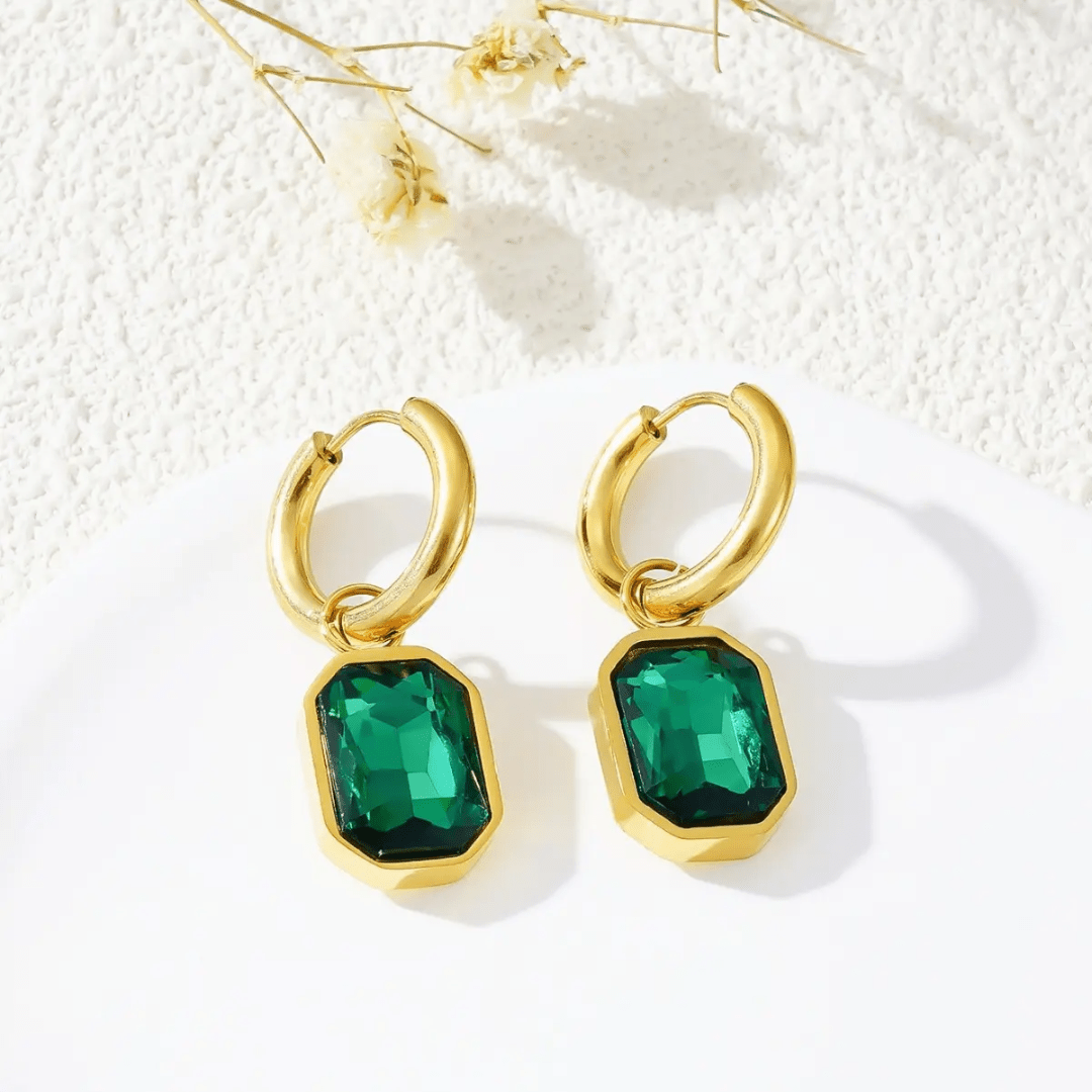 Green Gemma Earrings by Glitze Accessories featuring sparkling gemstone accents and elegant dangle design.