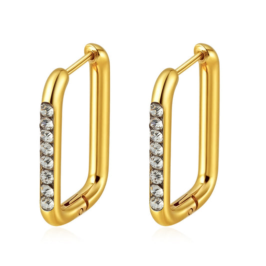 Aura Earrings — rectangular gold hoops with crystal line, 18K gold plated stainless steel | Glitze