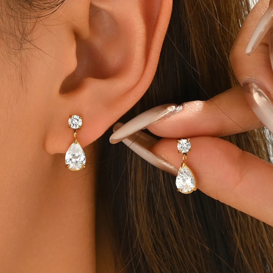 Solene Earrings — teardrop crystal drop studs, 18K gold plated stainless steel | Glitze