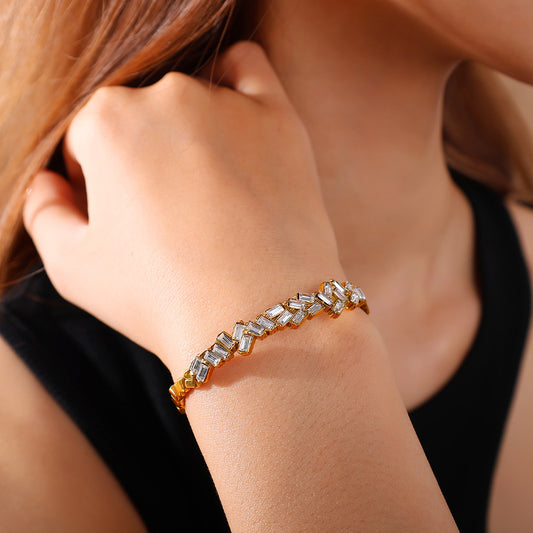 Mosaic Bangle detail – clear crystal mosaic cuff in gold plated stainless steel by Glitze Accessories
