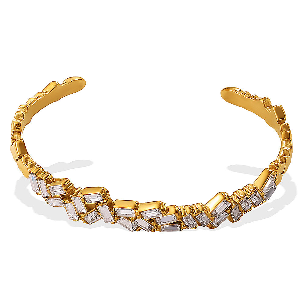 Mosaic Bangle – 18K gold plated open cuff with baguette-cut crystals by Glitze Accessories
