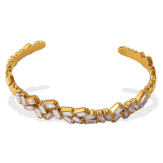Mosaic Bangle – 18K gold plated open cuff with baguette-cut crystals by Glitze Accessories