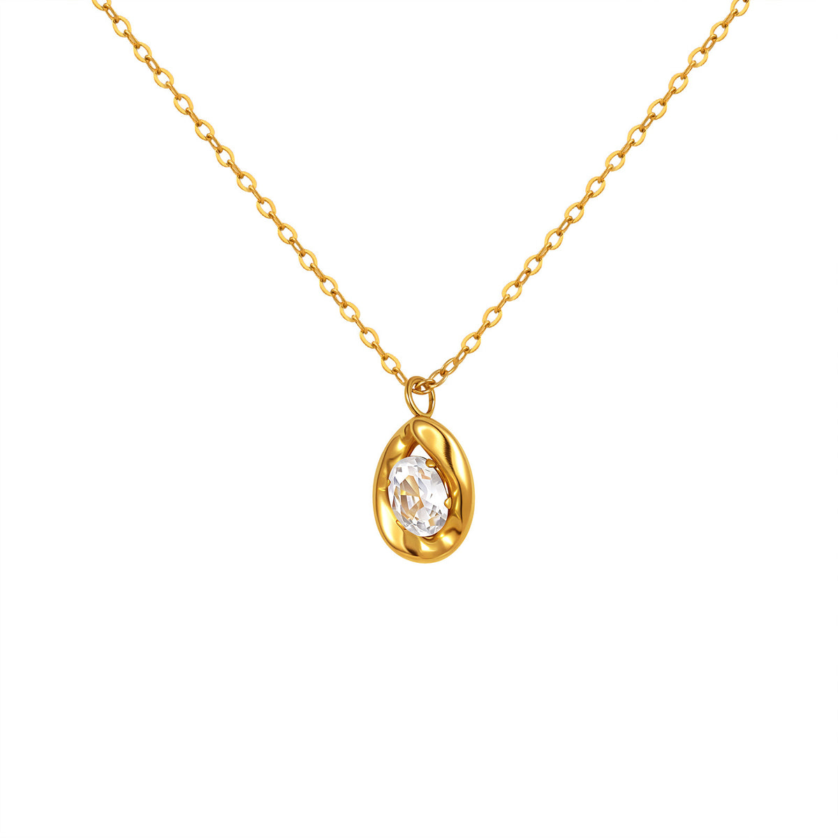 Aethal Necklace — oval crystal pendant on fine gold chain, 18K gold plated stainless steel | Glitze
