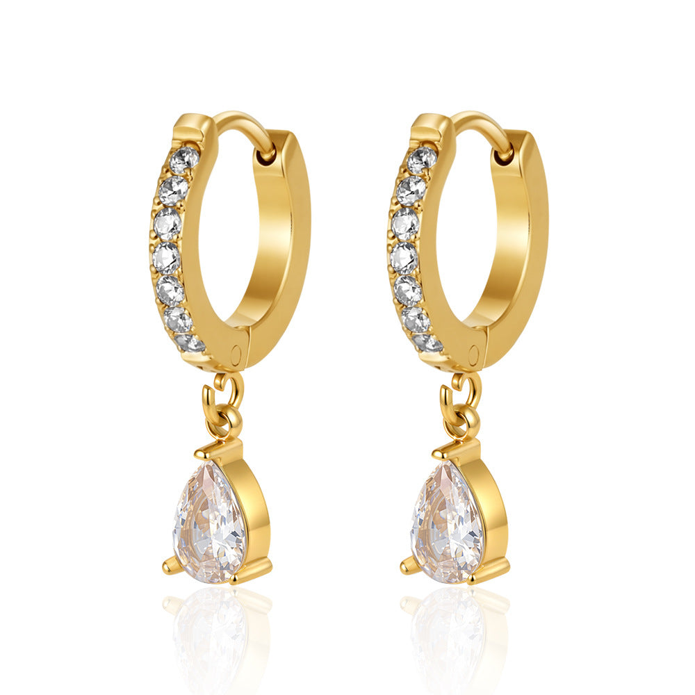 Dewdrop Earrings — crystal huggie hoops with teardrop charm, 18K gold plated stainless steel | Glitze