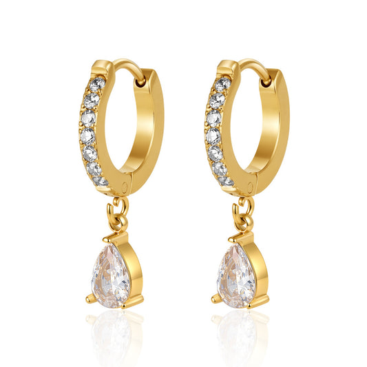 Dewdrop Earrings — crystal huggie hoops with teardrop charm, 18K gold plated stainless steel | Glitze