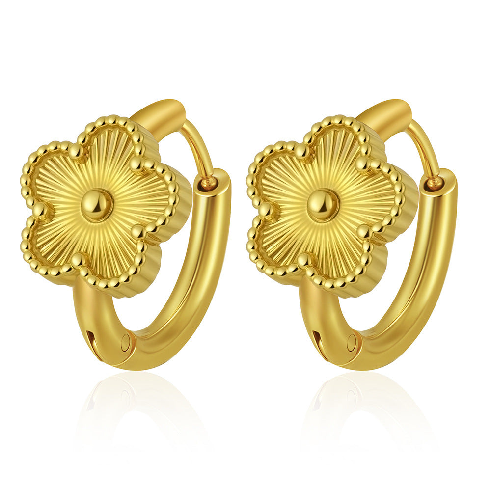 Clover Studs Golden — textured gold clover huggie hoops, 18K gold plated stainless steel | Glitze