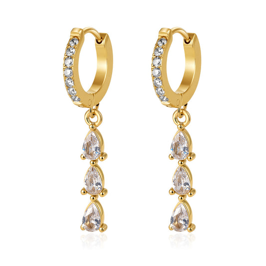 Cascade Earrings — crystal huggie hoops with triple teardrop, 18K gold plated stainless steel | Glitze