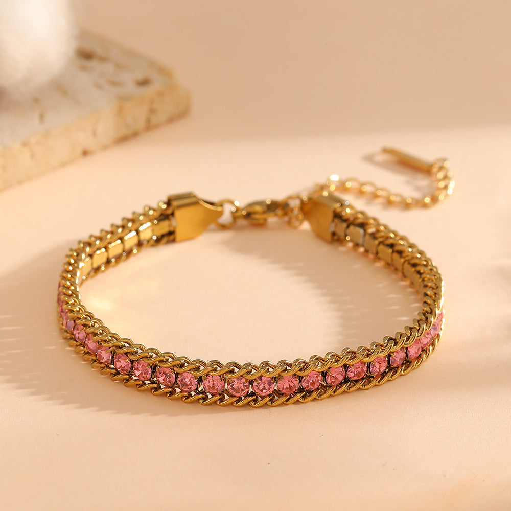 Ayleen Bracelet Pink close-up – pink crystal row on gold curb chain by Glitze Accessories