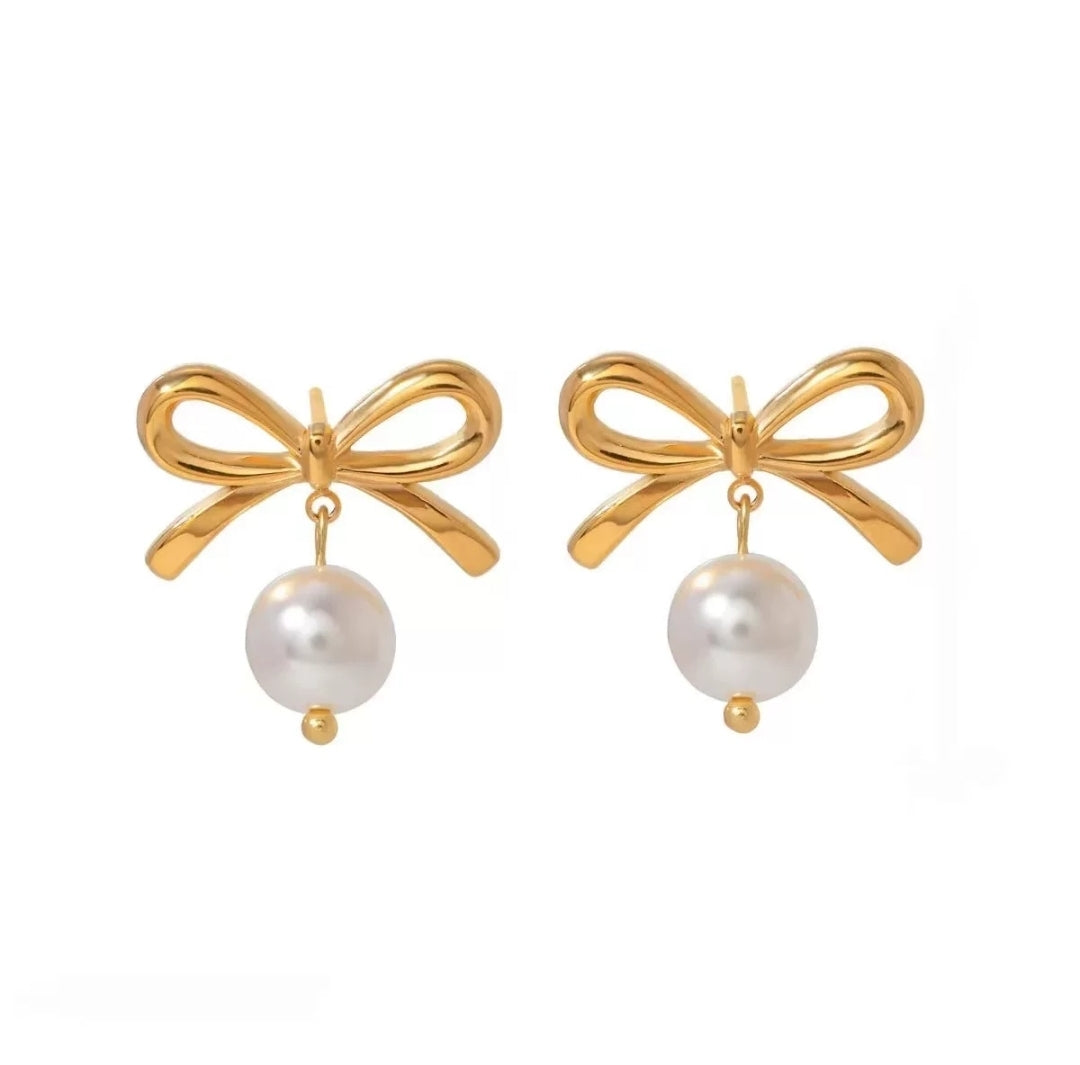 Maribel Earrings, 18K gold plated stainless steel bow earrings with pearl drop by Glitze Accessories