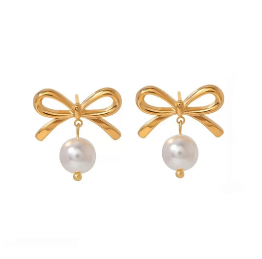 Maribel Earrings, 18K gold plated stainless steel bow earrings with pearl drop by Glitze Accessories