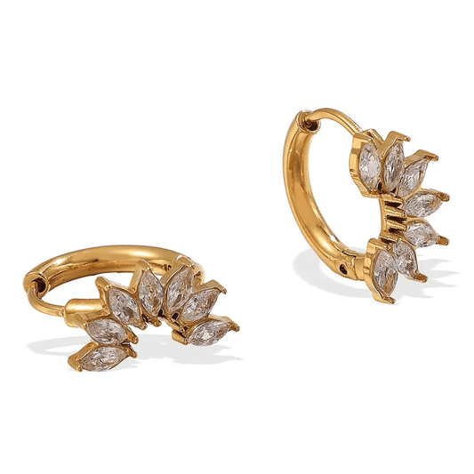 Allure Earrings, 18K gold plated stainless steel huggie hoops with marquise crystals by Glitze Accessories
