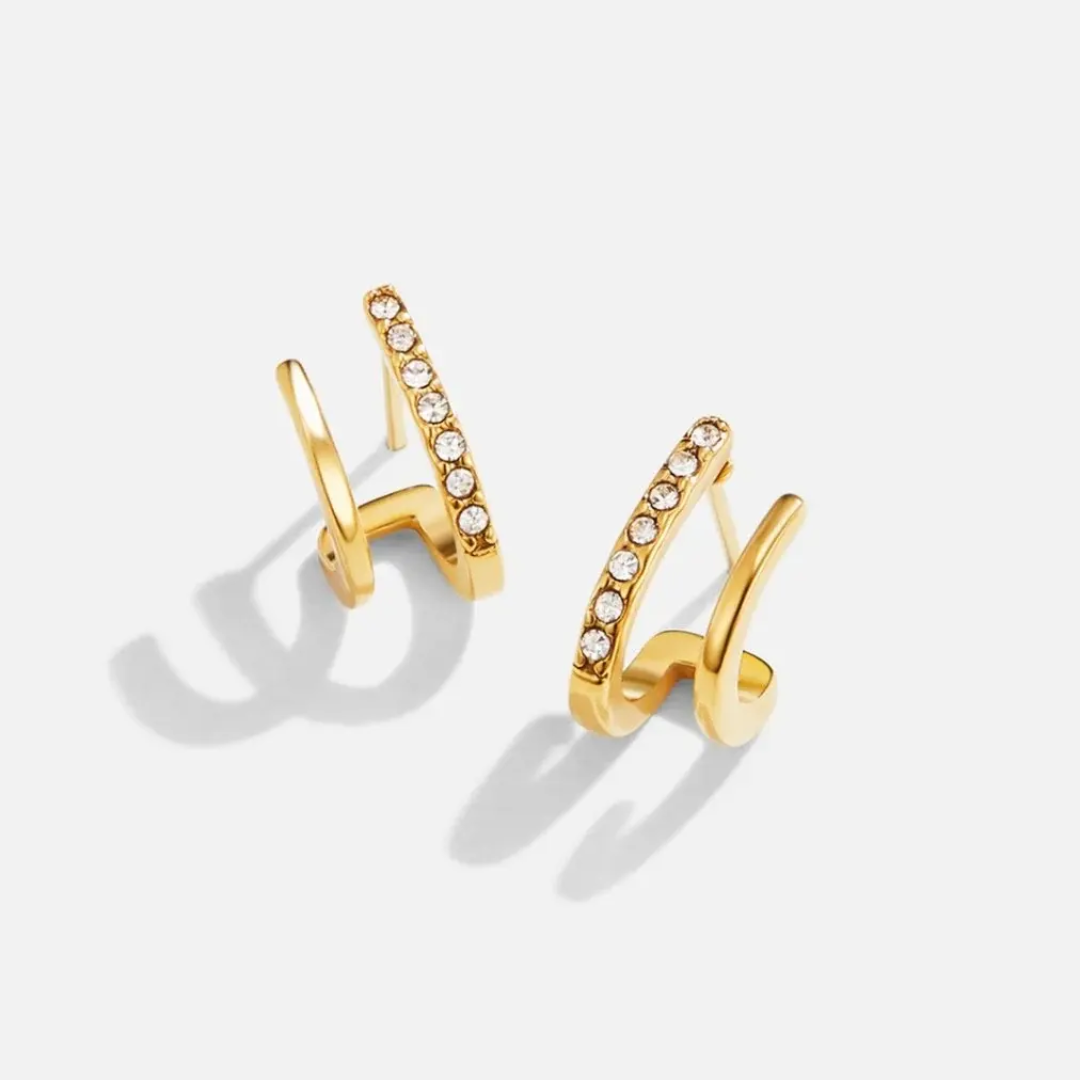 Verge Earrings, double-band crystal studs in 18K gold plated stainless steel