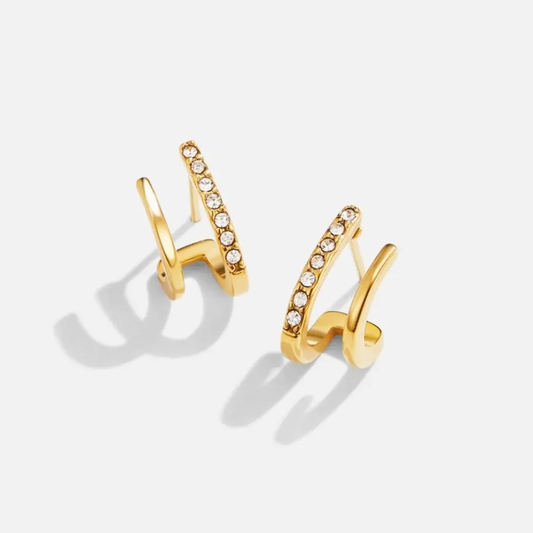 Verge Earrings, double-band crystal studs in 18K gold plated stainless steel
