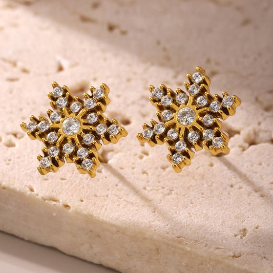 Snowflake Earrings close-up — waterproof hypoallergenic gold snowflake earrings | Glitze Accessories