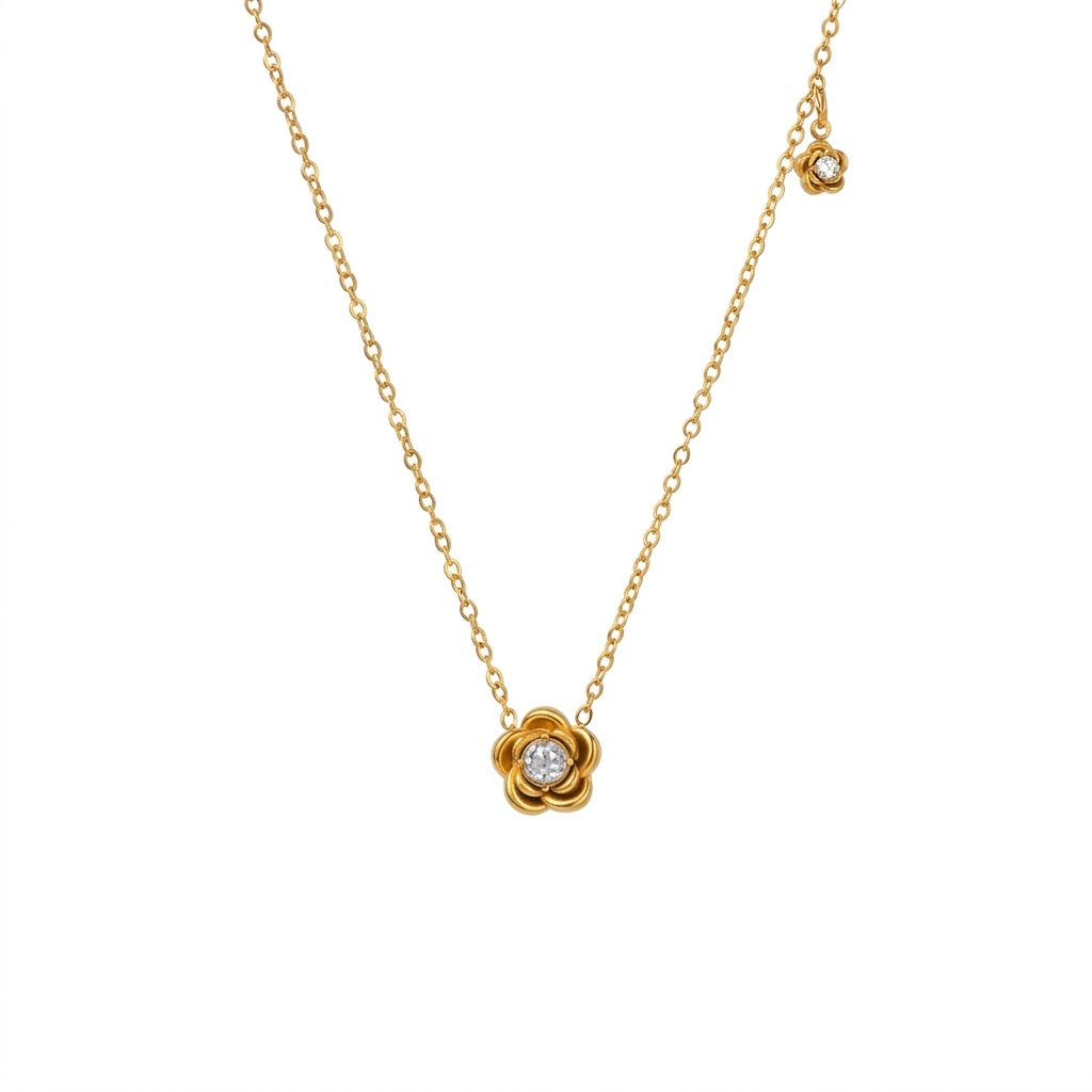 Rose Necklace — gold rose flower pendant with crystal centre, 18K gold plated stainless steel | Glitze