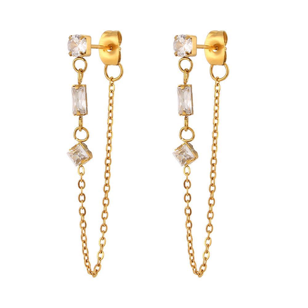 Spark Earrings — crystal studs with gold chain drop, 18K gold plated stainless steel | Glitze