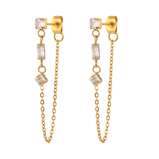 Spark Earrings — crystal studs with gold chain drop, 18K gold plated stainless steel | Glitze