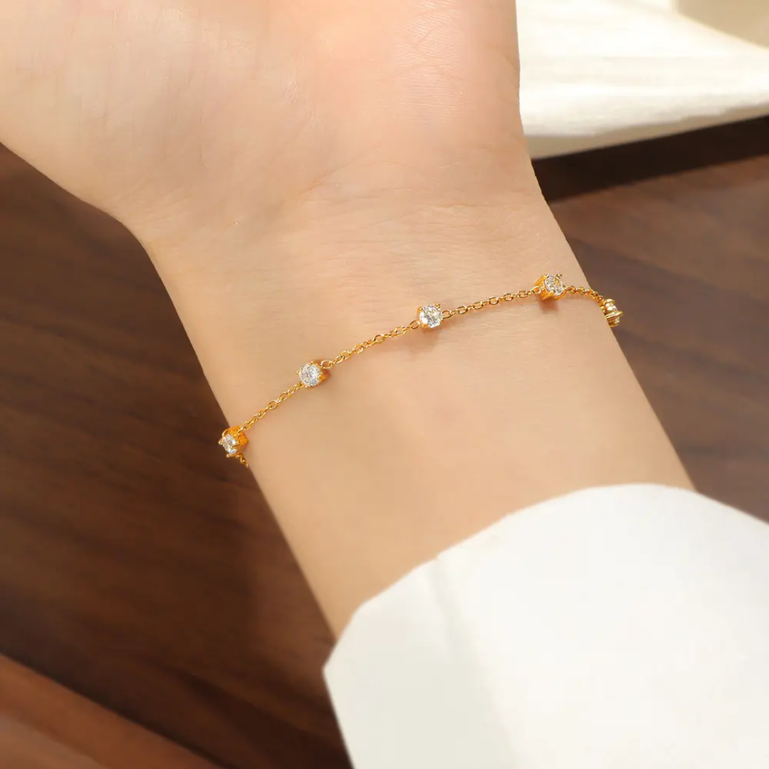 Lucent Bracelet close-up – square-set clear crystal on gold chain by Glitze Accessories