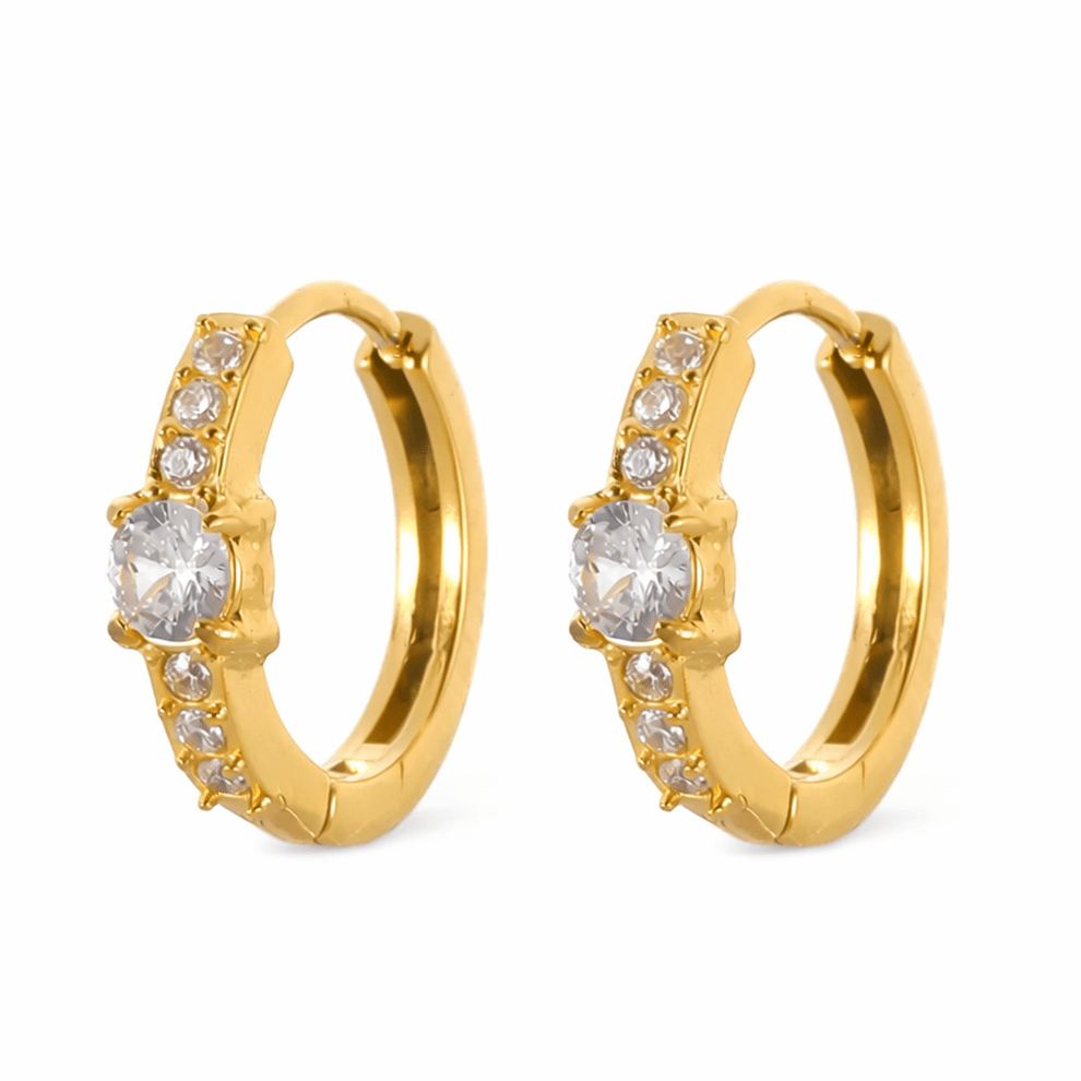 Radiance Earrings, 18K gold plated stainless steel huggie hoops with crystal by Glitze Accessories