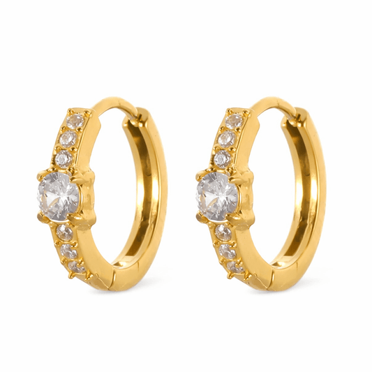 Radiance Earrings, 18K gold plated stainless steel huggie hoops with crystal by Glitze Accessories