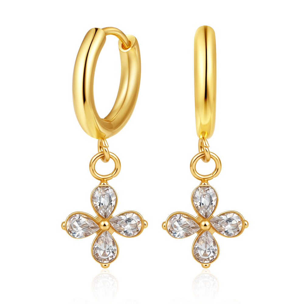 Lilac Earrings — gold huggie hoops with crystal flower charm, 18K gold plated stainless steel | Glitze