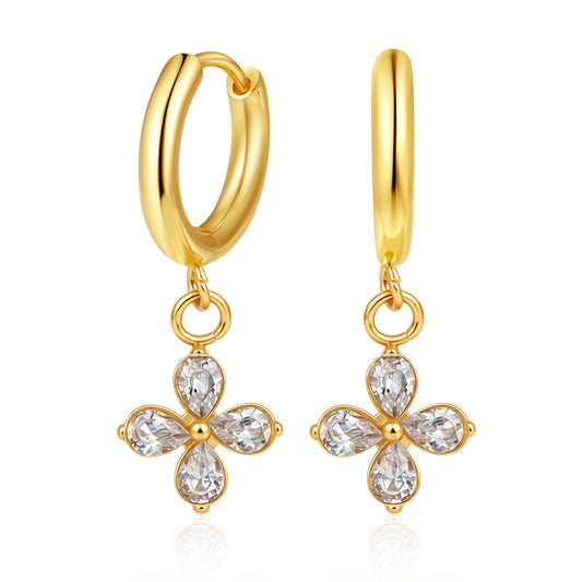 Lilac Earrings — gold huggie hoops with crystal flower charm, 18K gold plated stainless steel | Glitze