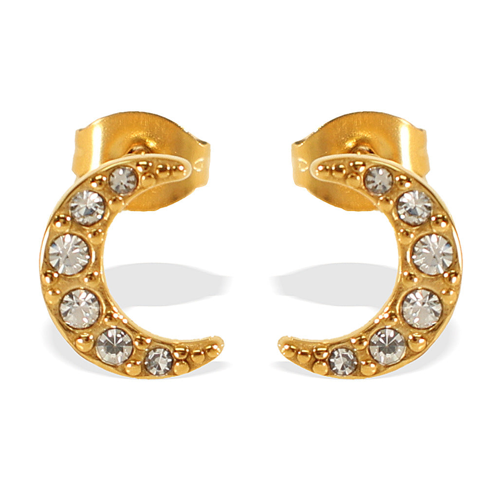 Moon Studs — crystal crescent moon studs, 18K gold plated stainless steel | Glitze