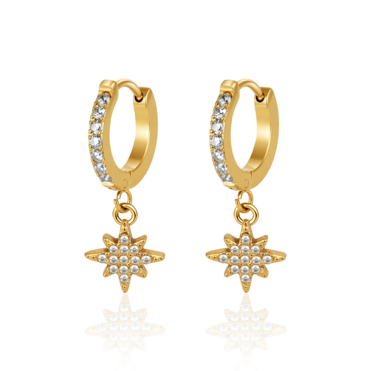 Orion Earrings — crystal huggie hoops with starburst charm, 18K gold plated stainless steel | Glitze