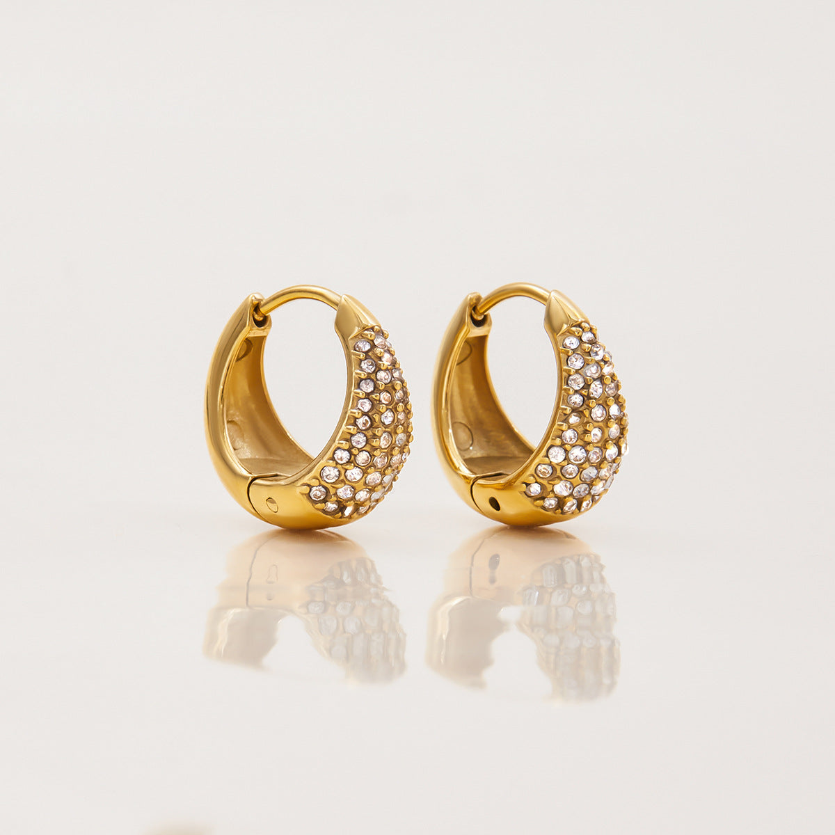 Vesper Earrings — domed crystal gold huggie hoops, 18K gold plated stainless steel | Glitze