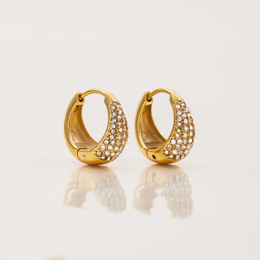 Vesper Earrings — domed crystal gold huggie hoops, 18K gold plated stainless steel | Glitze