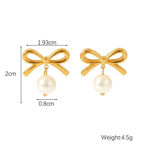 Maribel Earrings size and weight details, gold bow pearl drop earrings by Glitze Accessories