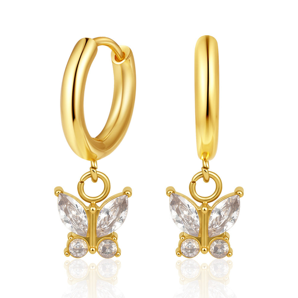 Butterfly Earrings — gold huggie hoops with crystal butterfly charm, 18K gold plated stainless steel | Glitze