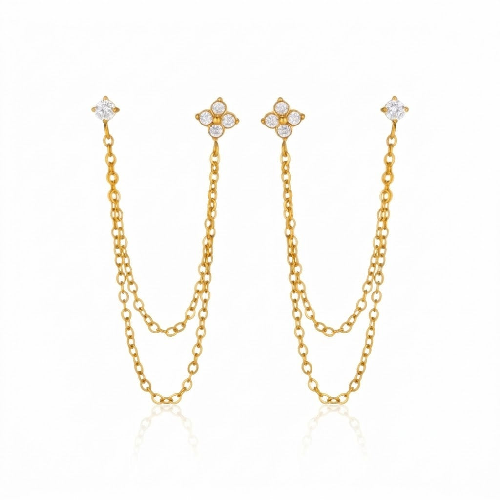 Cleo Earrings — double-piercing gold chain earrings with crystals, 18K gold plated stainless steel | Glitze