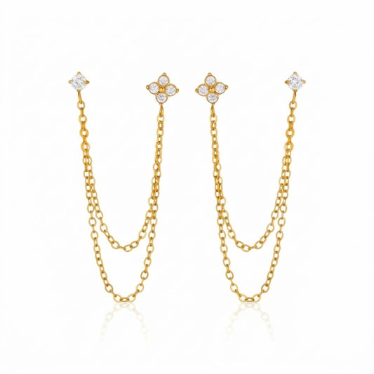 Cleo Earrings — double-piercing gold chain earrings with crystals, 18K gold plated stainless steel | Glitze