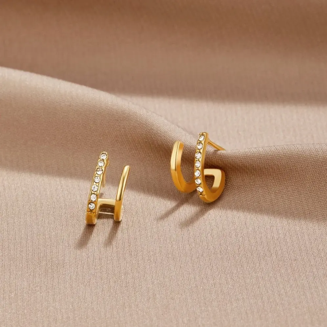 Verge Earrings, gold double-band studs with a row of crystals
