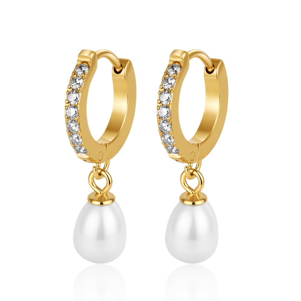 Marea Earrings — crystal huggie hoops with pearl-style drop, 18K gold plated stainless steel | Glitze