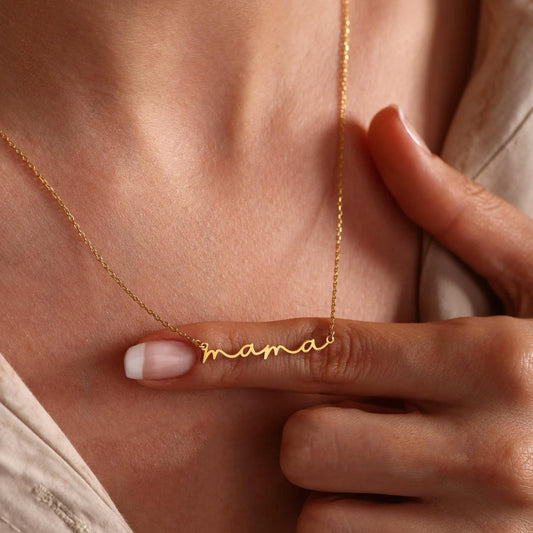 Mama Necklace — script mama nameplate on gold chain, 18K gold plated stainless steel | Glitze