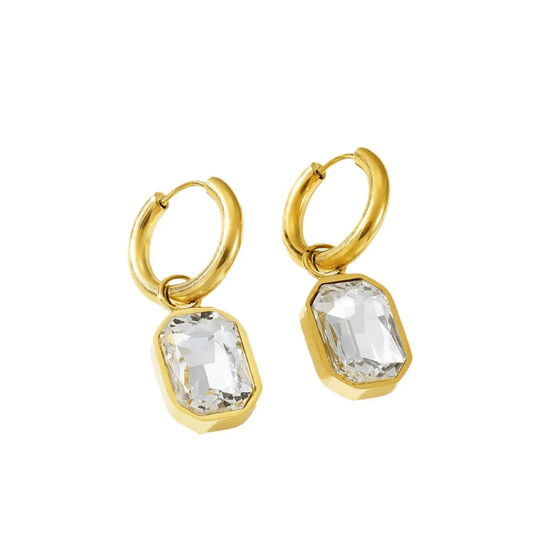 White Gemma earrings by Glitze Accessories featuring elegant, sparkling gemstone designs on lightweight earrings.