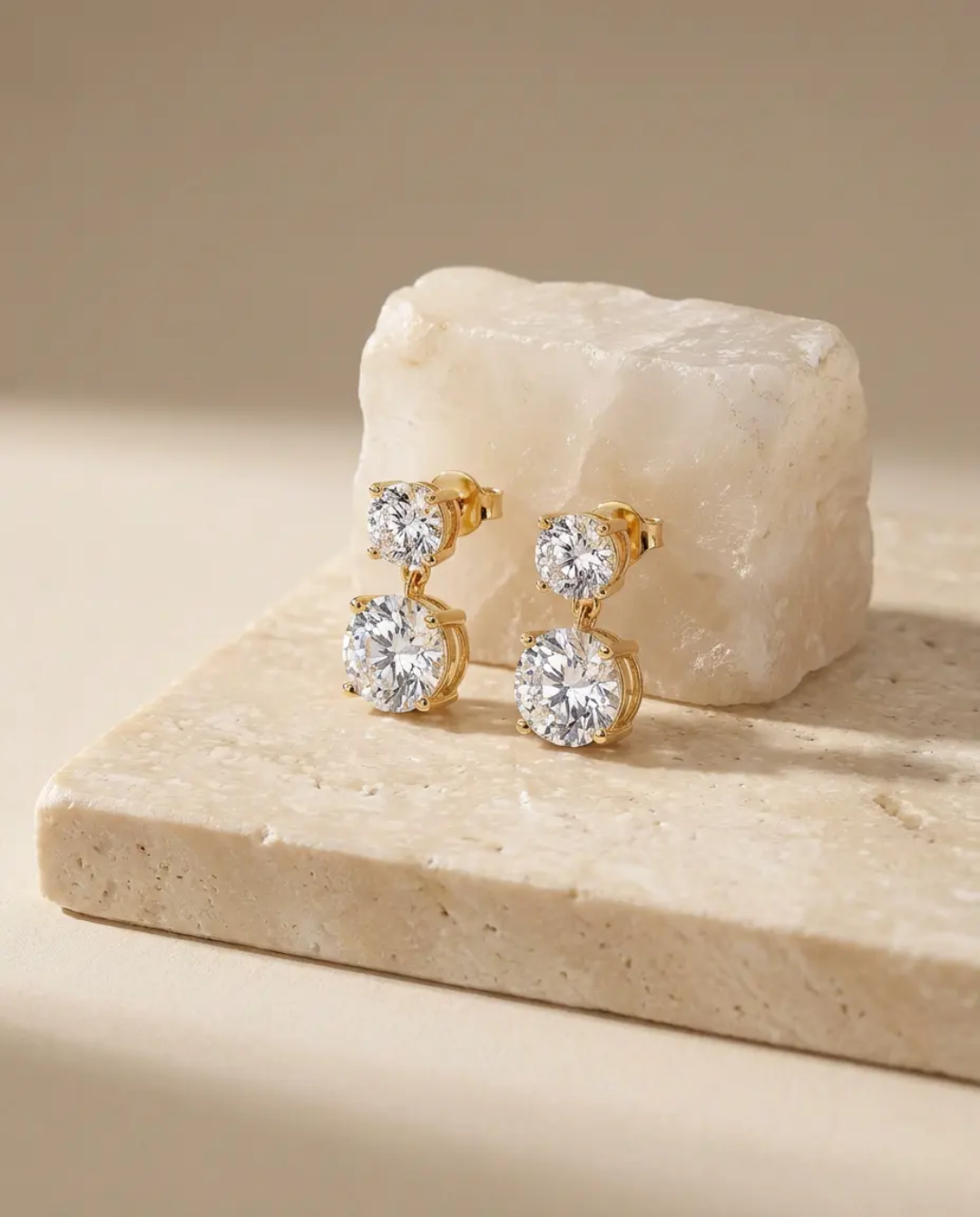 Dangle Earrings — two-stone crystal drop studs, 18K gold plated stainless steel | Glitze