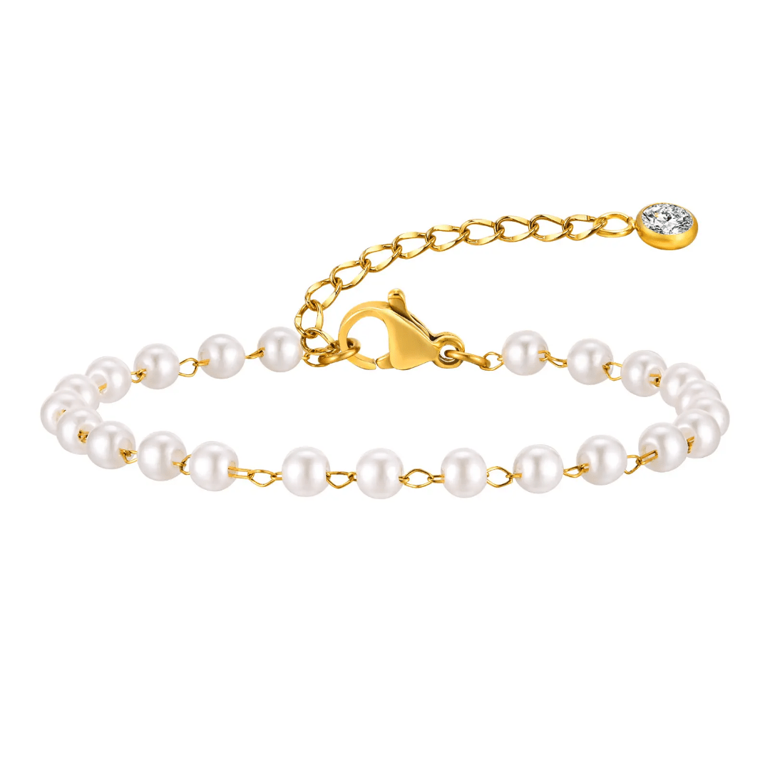 Elegant pearl bracelet from Glitze Accessories featuring lustrous white pearls on a delicate silver chain.