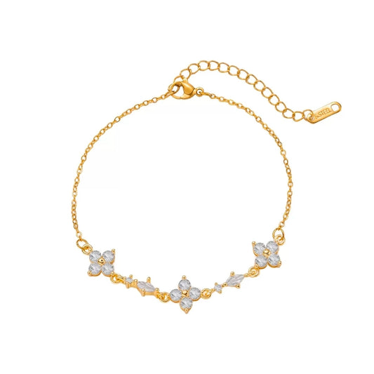 Ivy Bracelet, gold chain with three crystal flowers, 18K gold plated stainless steel