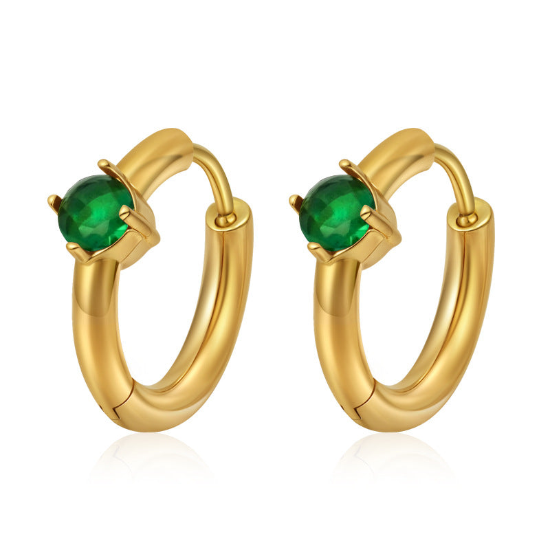 Emerald Studs — green crystal gold huggie hoops, 18K gold plated stainless steel | Glitze