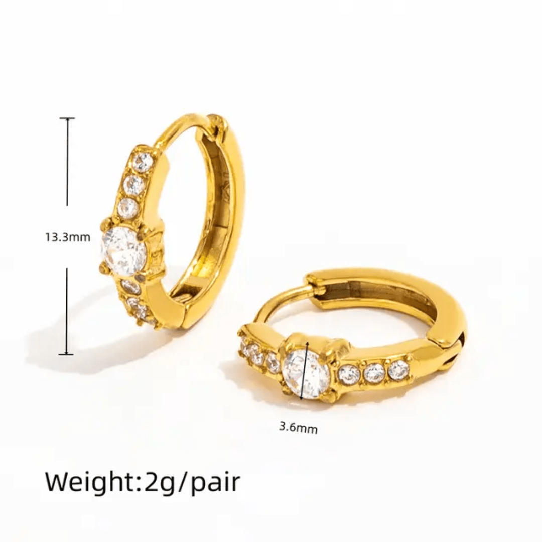 Radiance Earrings size and weight details, gold crystal huggies by Glitze Accessories